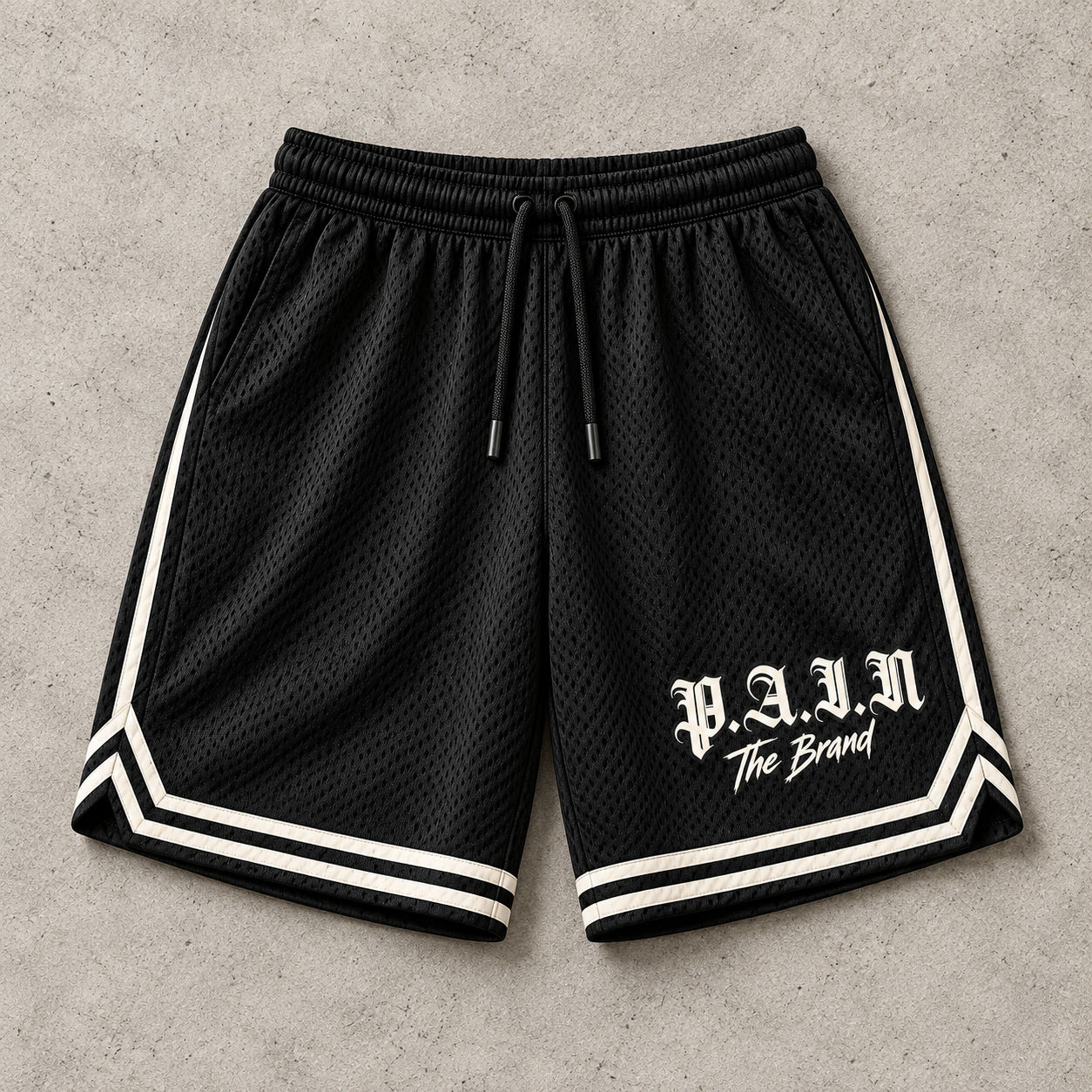 The Brand Mesh Shorts — Black, P.A.I.N product design