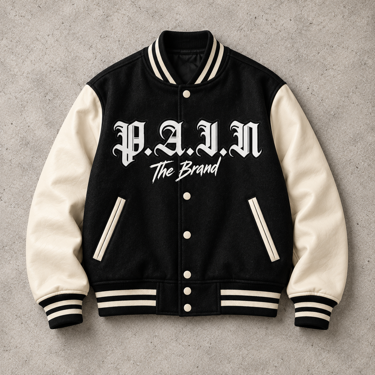 The Brand Varsity Jacket — Black / Cream, P.A.I.N product design