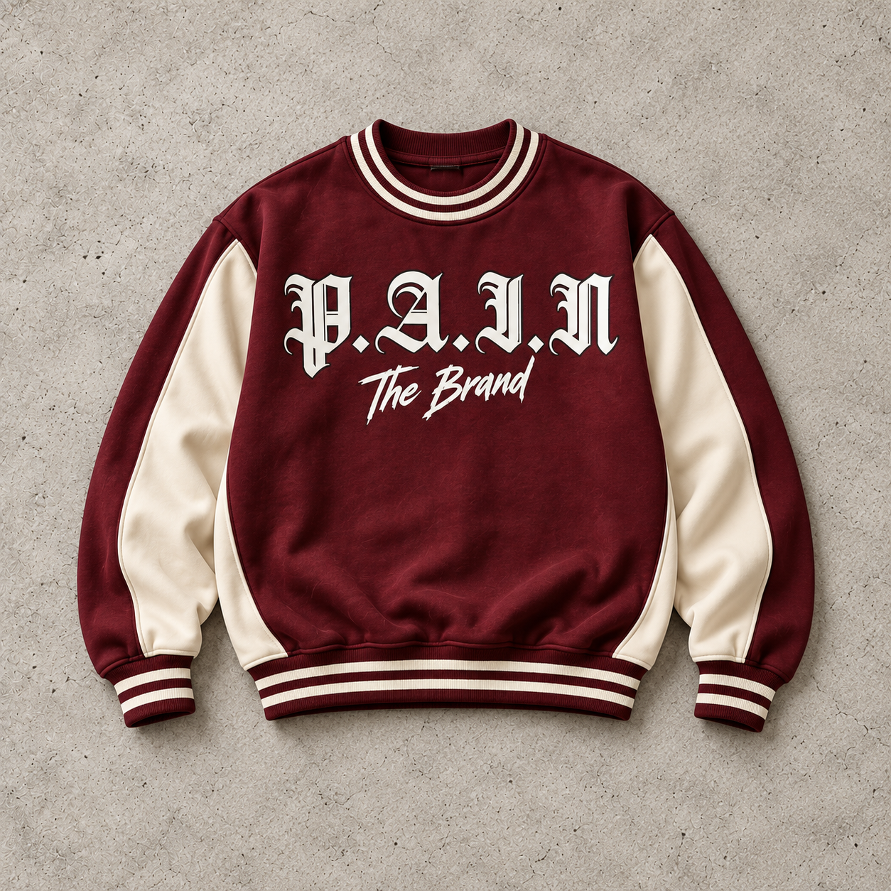 Burgundy & Cream Crewneck — Matching sweatsuit top, P.A.I.N product design