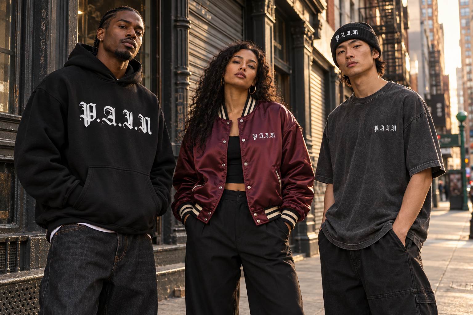 Three models wearing P.A.I.N hoodies, jackets, tees and beanies on a New York street